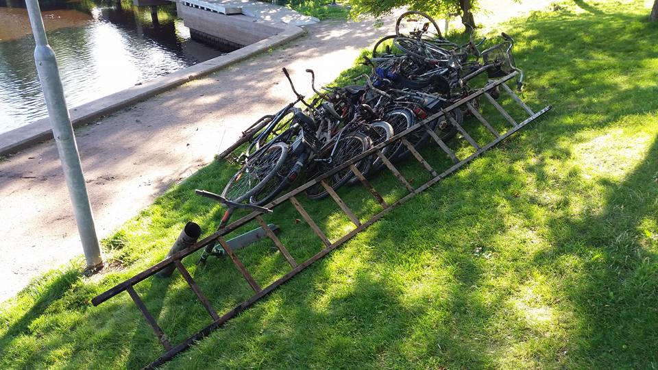 Multe biciclete ruginite și o scară